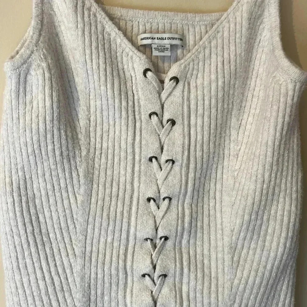 American Eagle Lace Up Cropped Sweater Tank Ivory Cream Ribbed Summer Minimalist - Picture 3 of 5